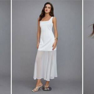 Commense sheer overlay white satin maxi dress NWT